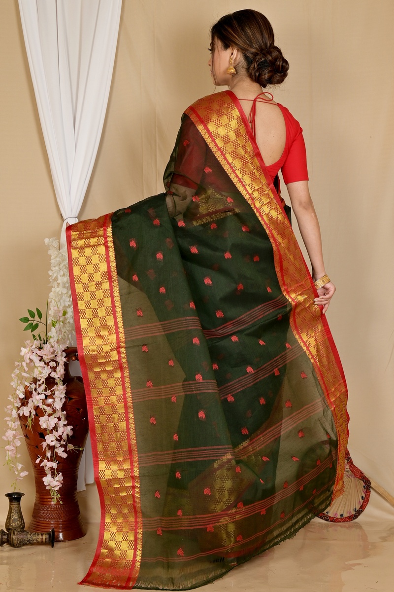 Dark Green Pure Cotton Atula Tant Saree (1638)