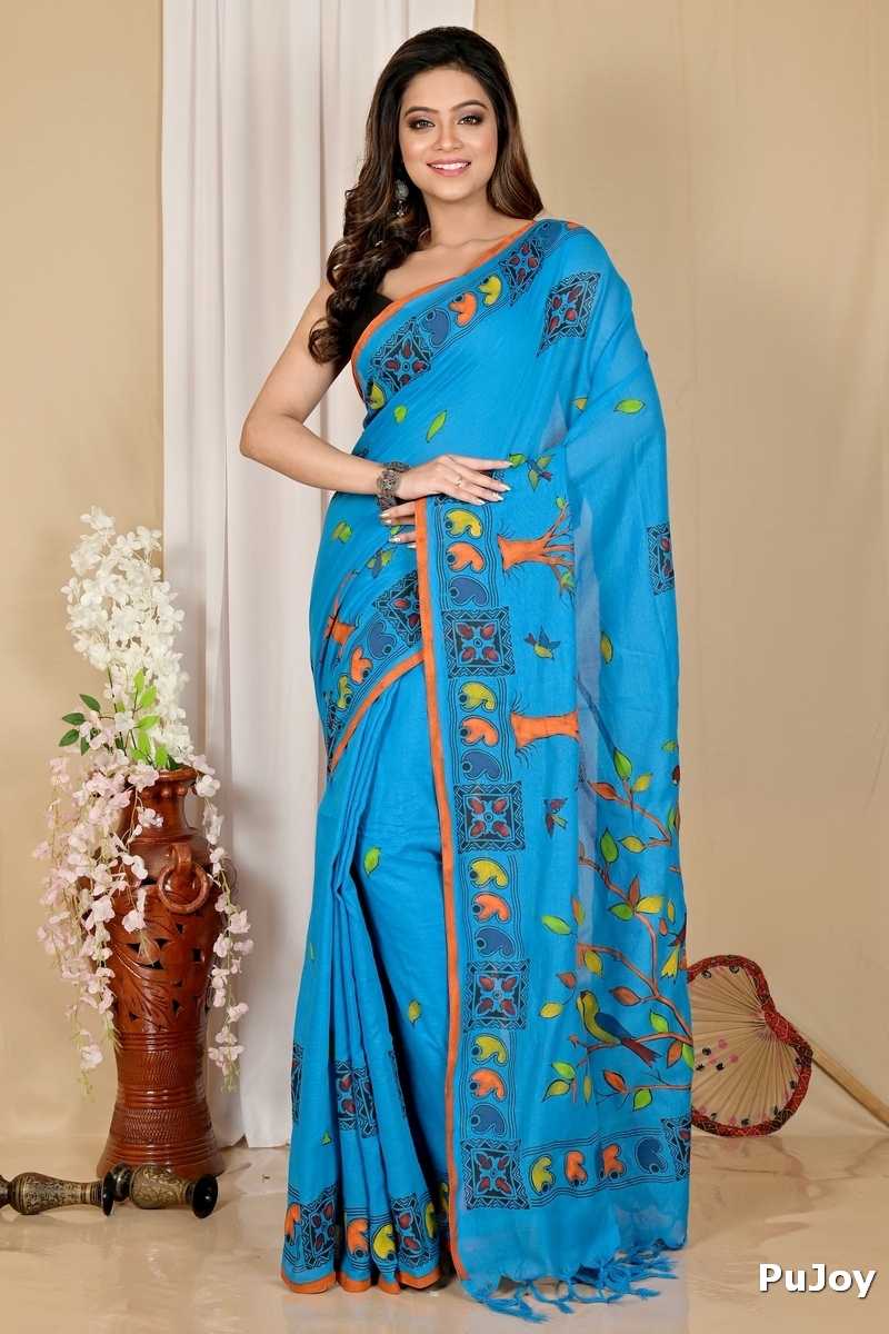 Blue Pure Cotton Asu Hand Loom Saree (1640)