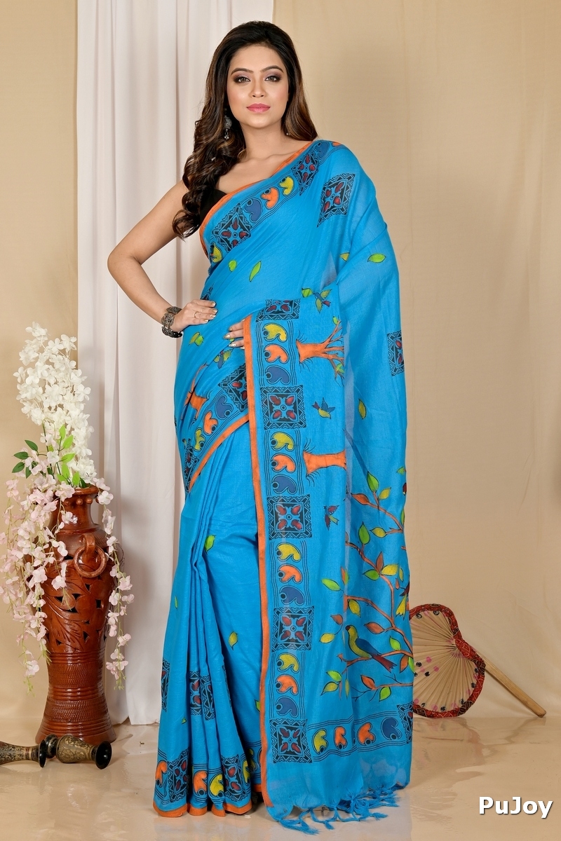 Blue Pure Cotton Asu Hand Loom Saree (1640)