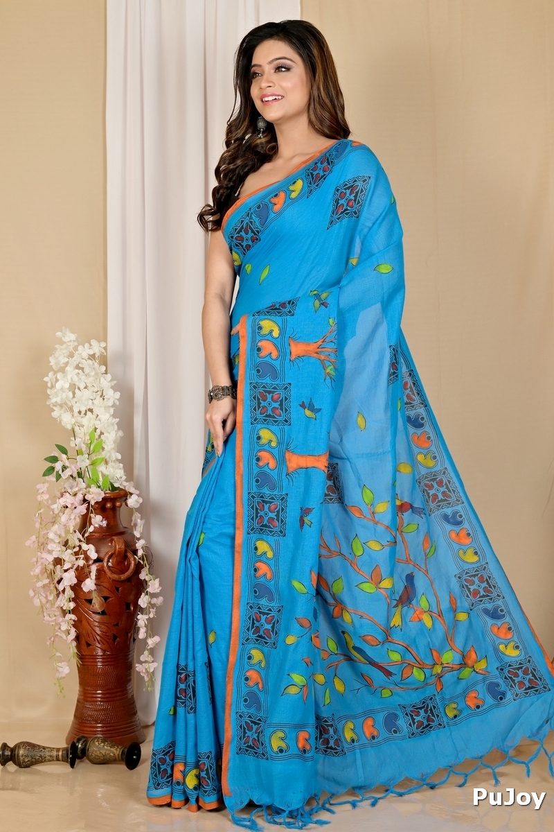 Blue Pure Cotton Asu Hand Loom Saree (1640)