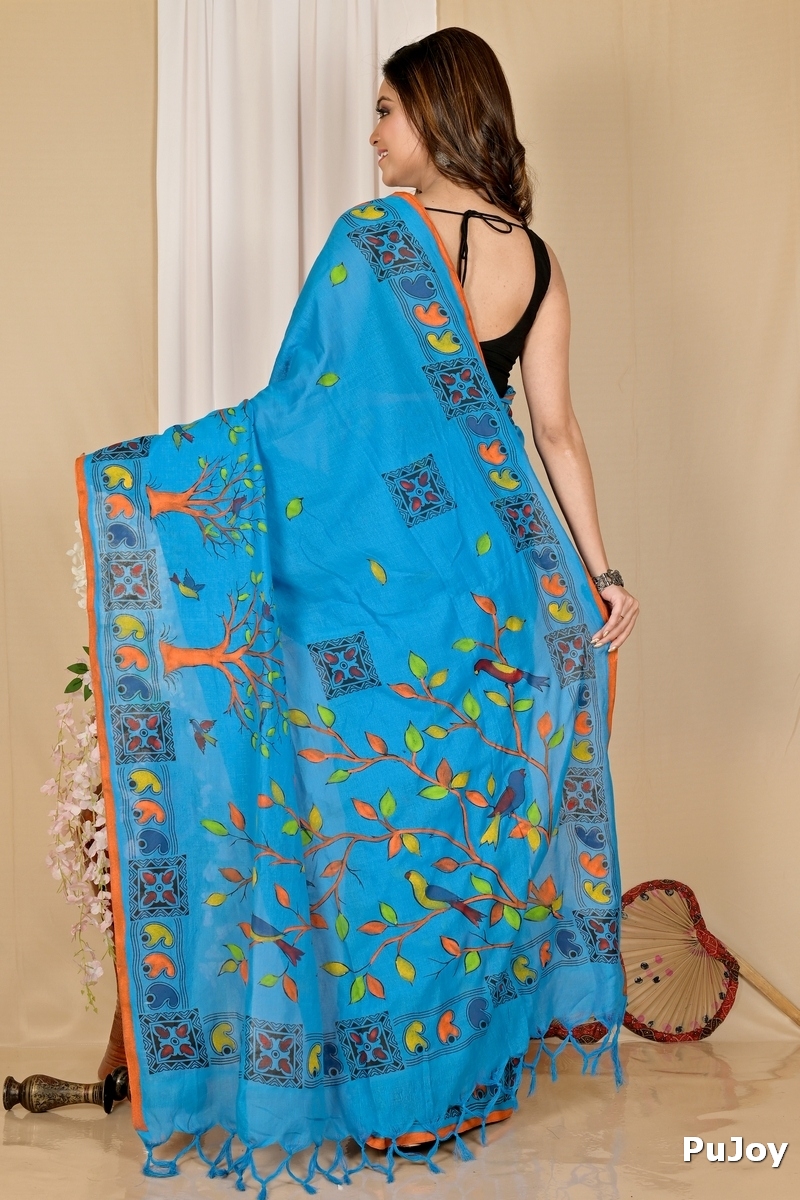 Blue Pure Cotton Asu Hand Loom Saree (1640)