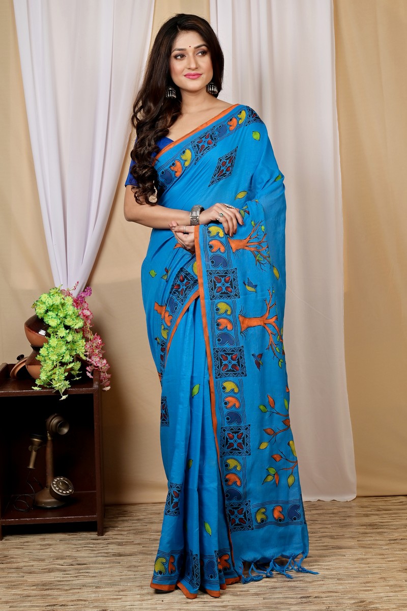 Blue Pure Cotton Asu Hand Loom Saree (1640)