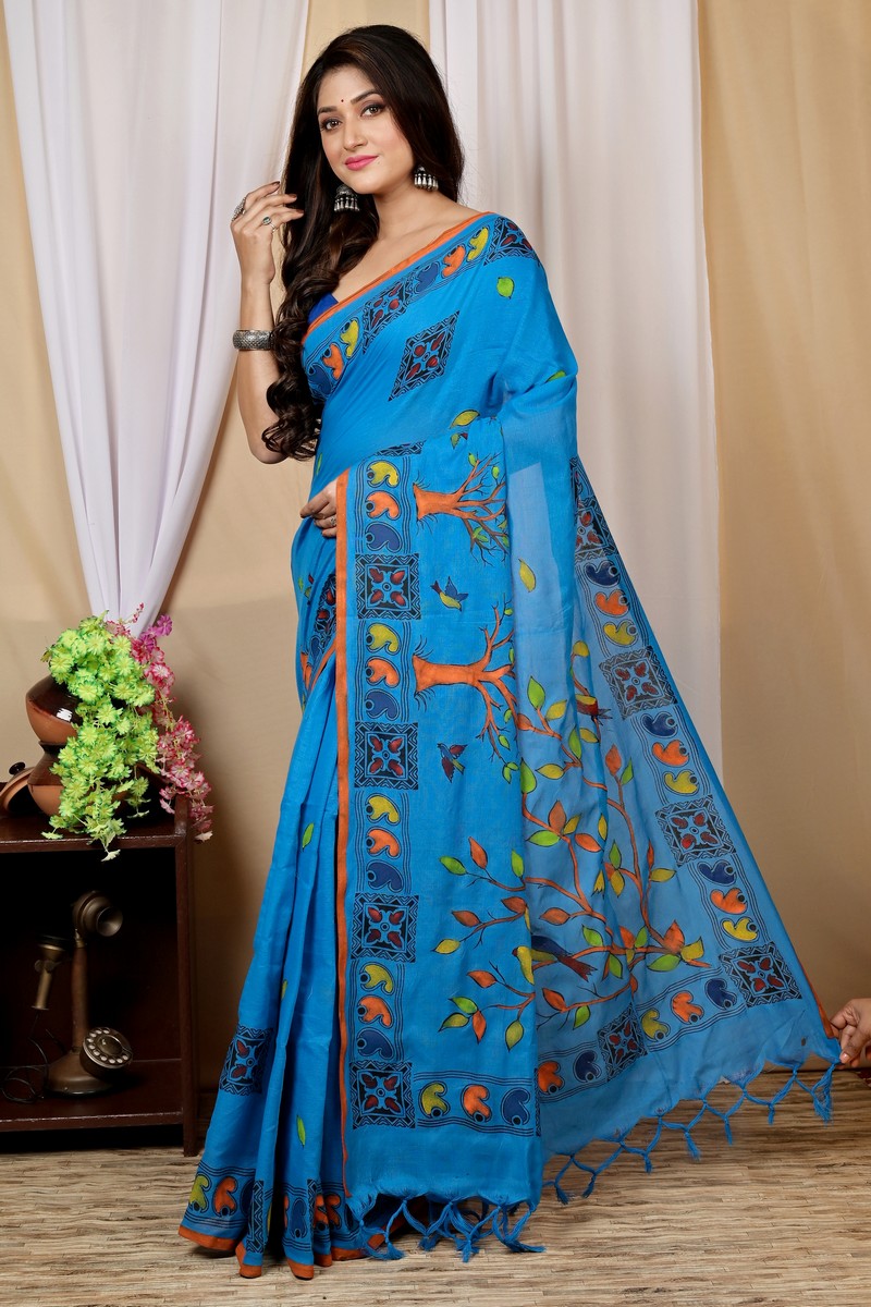 Blue Pure Cotton Asu Hand Loom Saree (1640)