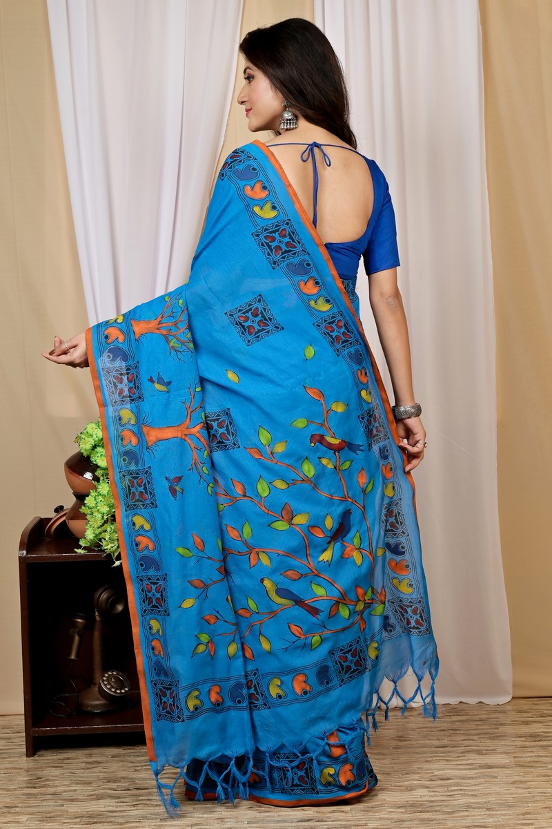 Blue Pure Cotton Asu Hand Loom Saree (1640)