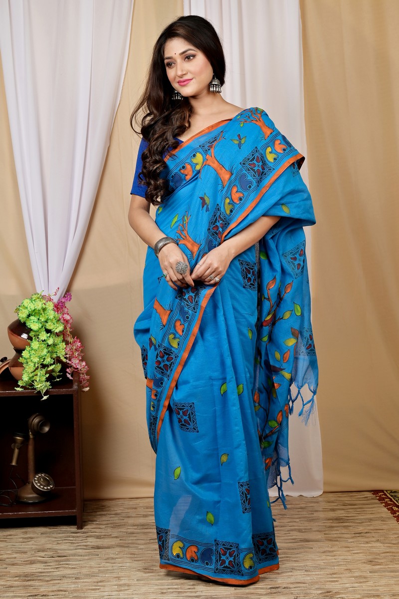 Blue Pure Cotton Asu Hand Loom Saree (1640)