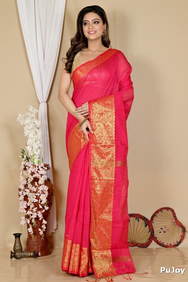 Dark Pink Cotton Silk Asta Hand Loom Saree (1642)