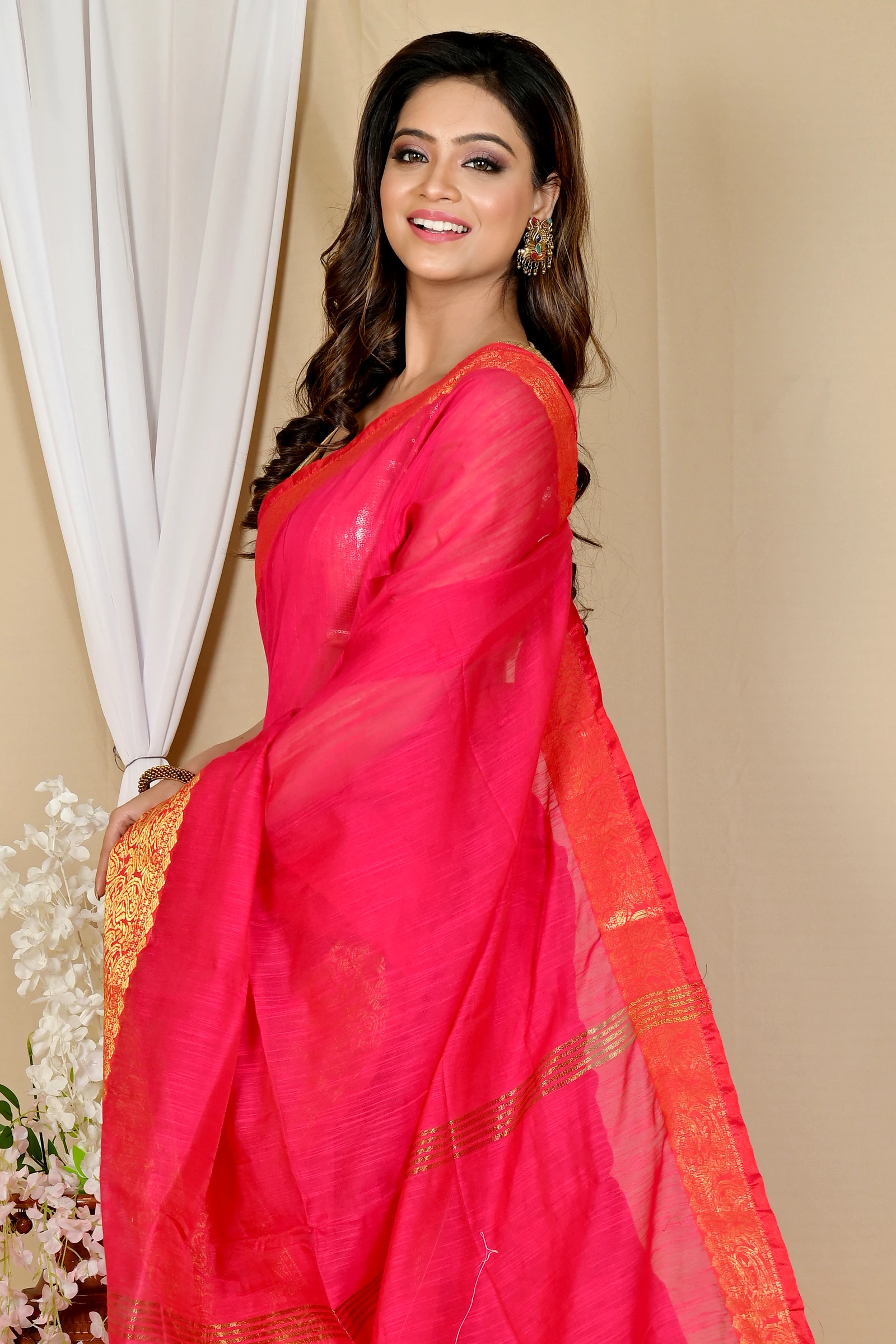 Dark Pink Cotton Silk Asta Hand Loom Saree (1642)