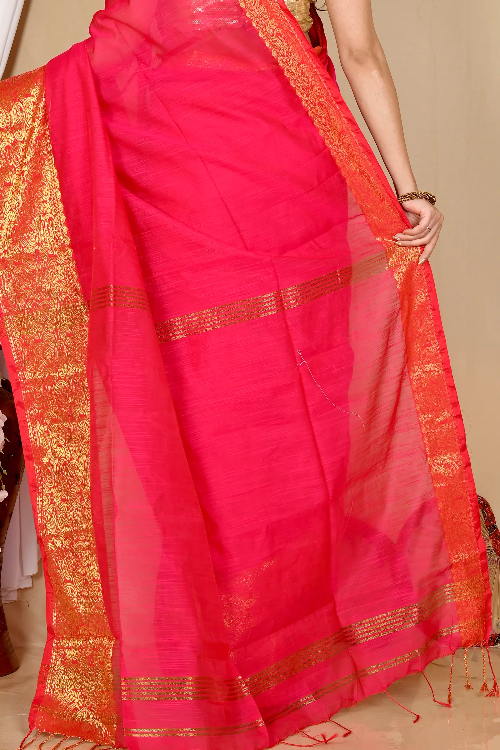 Dark Pink Cotton Silk Asta Hand Loom Saree (1642)
