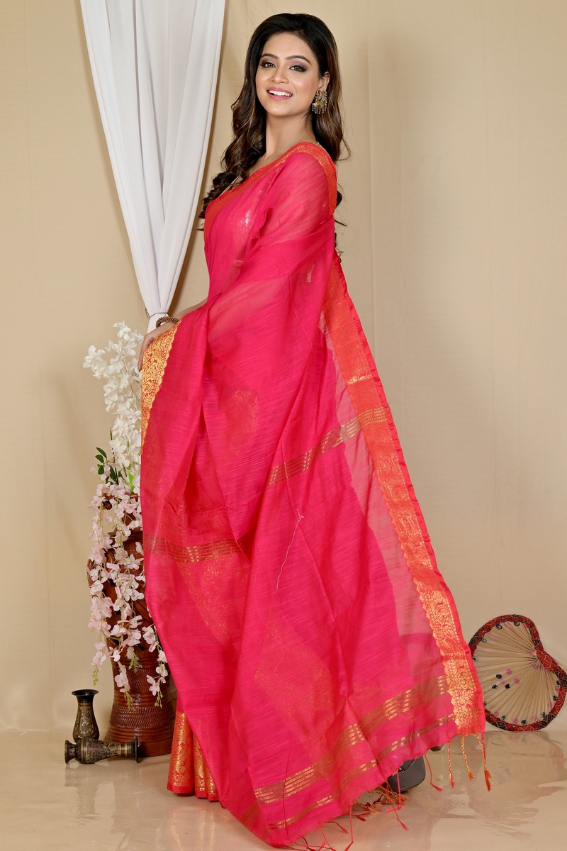 Dark Pink Cotton Silk Asta Hand Loom Saree (1642)