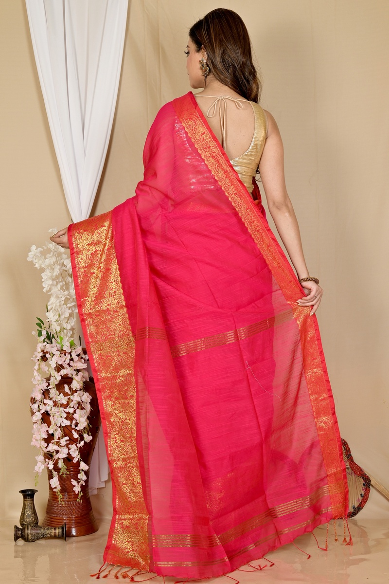 Dark Pink Cotton Silk Asta Hand Loom Saree (1642)