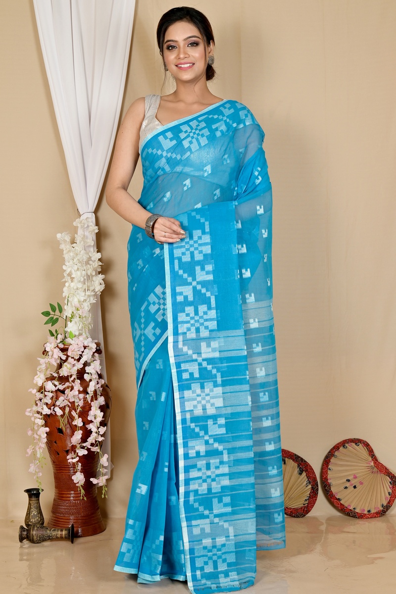 Sky Blue Pure Cotton Aptuk Tant Saree (1644)