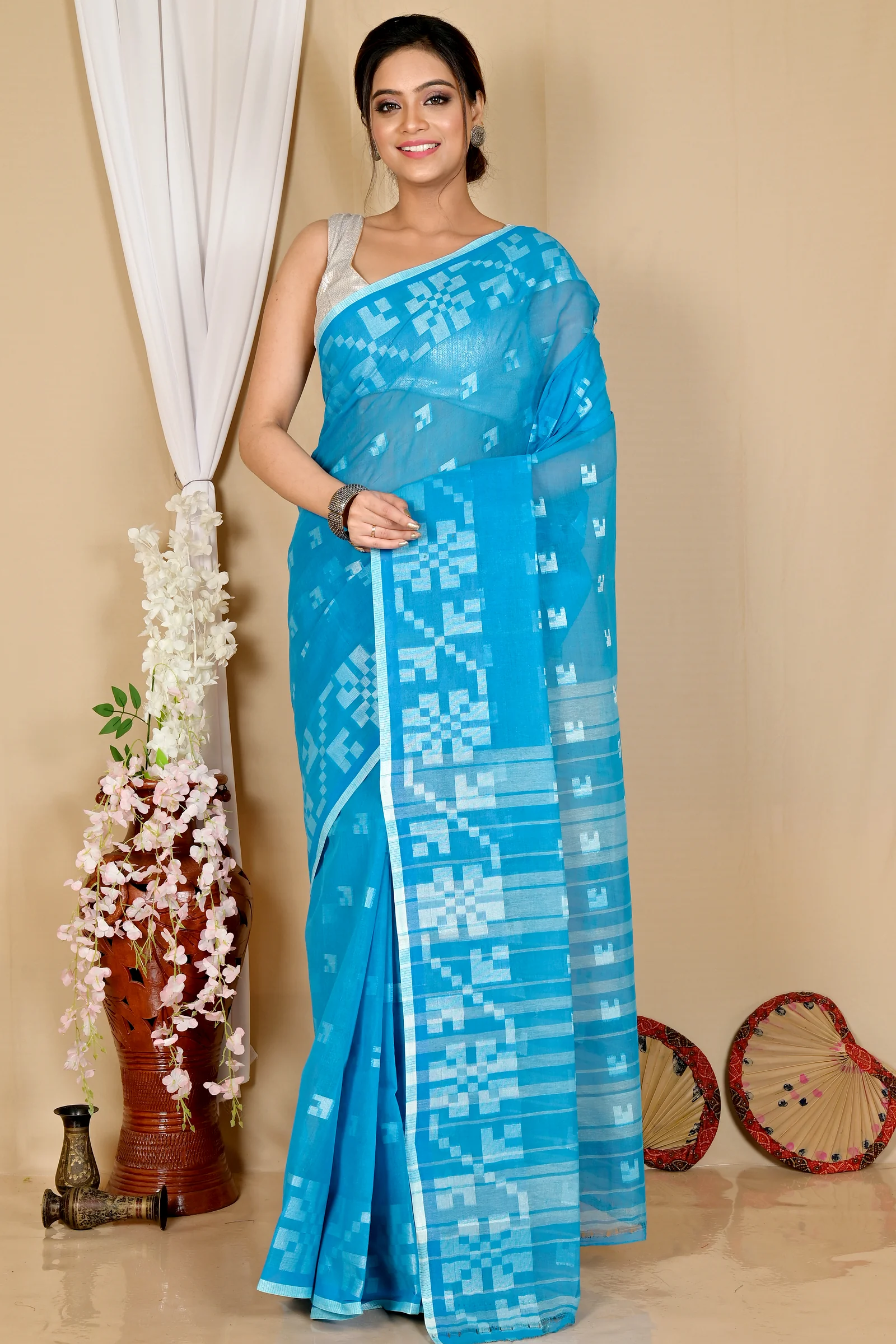 Sky Blue Pure Cotton Aptuk Tant Saree (1644)