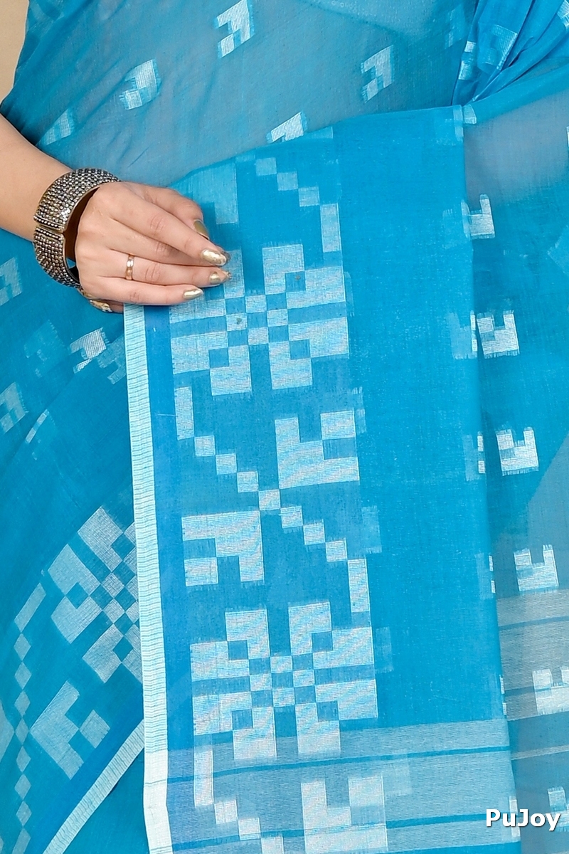 Sky Blue Pure Cotton Aptuk Tant Saree (1644)