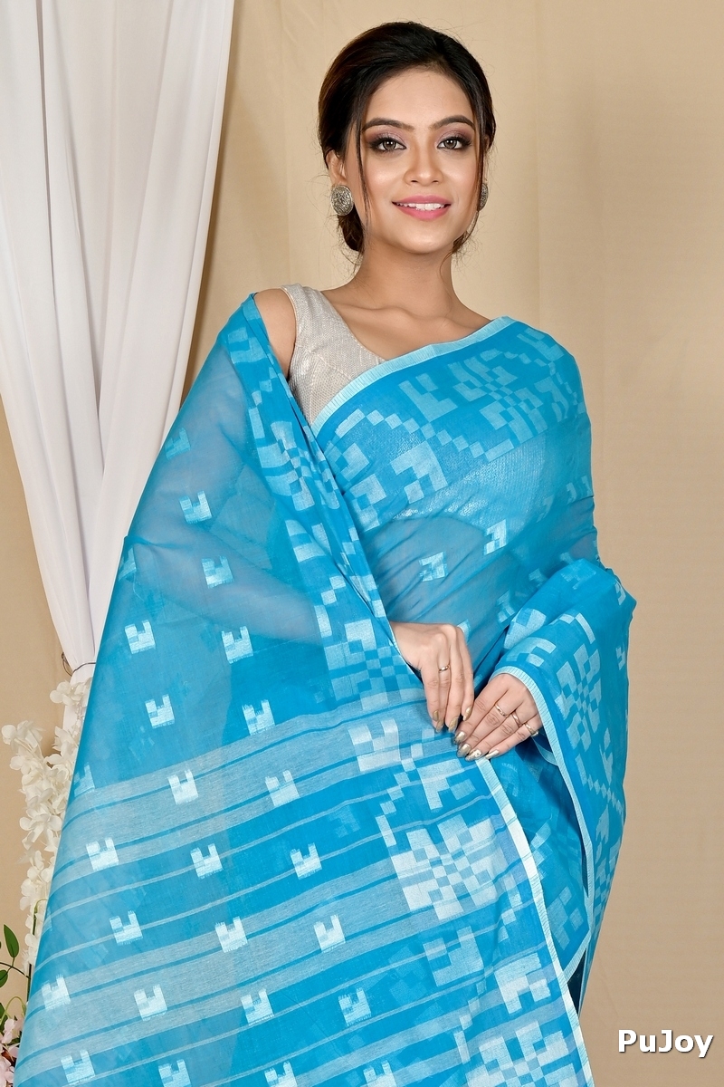 Sky Blue Pure Cotton Aptuk Tant Saree (1644)