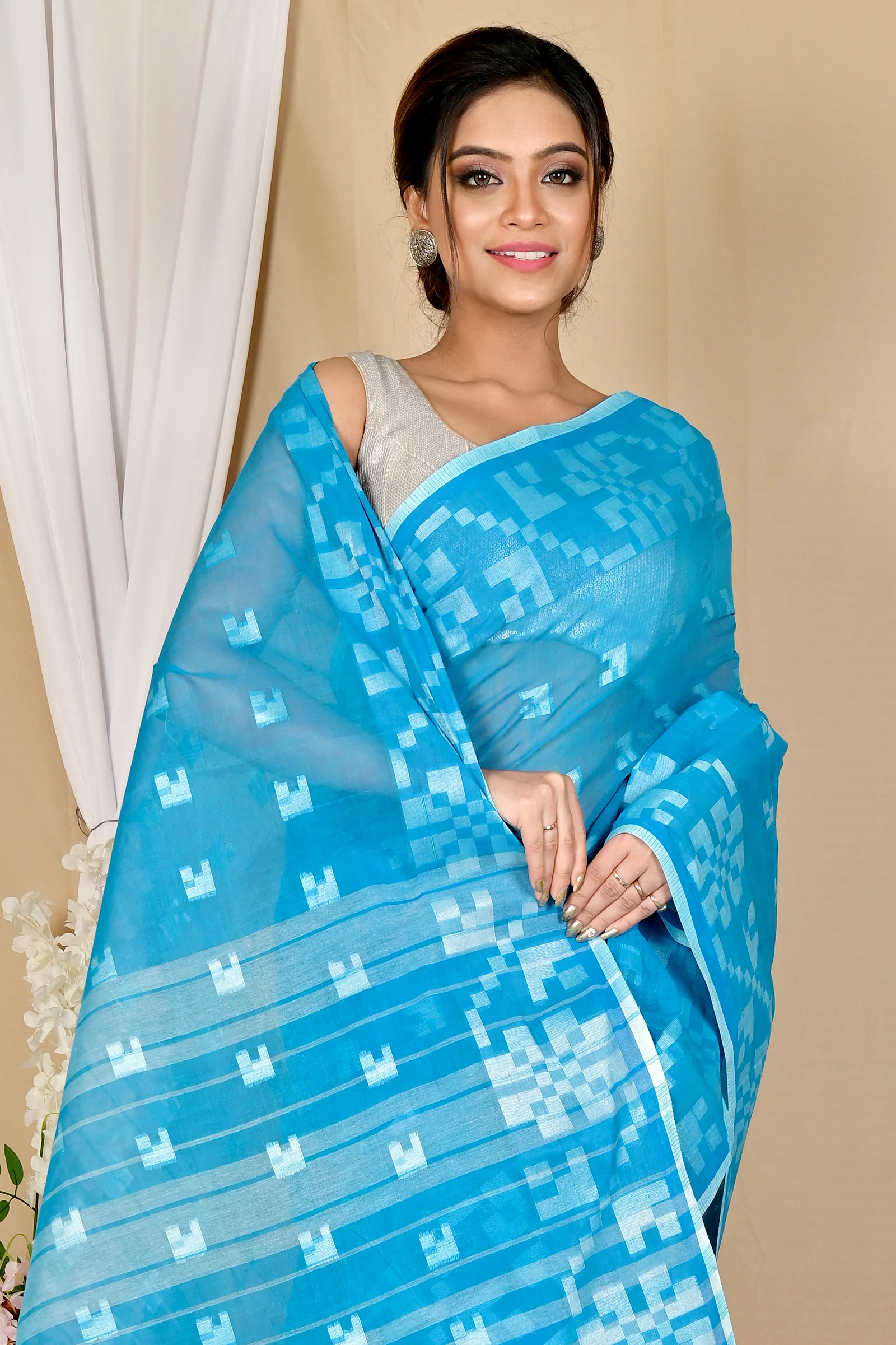 Sky Blue Pure Cotton Aptuk Tant Saree (1644)