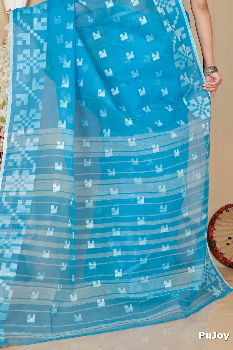 Sky Blue Pure Cotton Aptuk Tant Saree (1644)