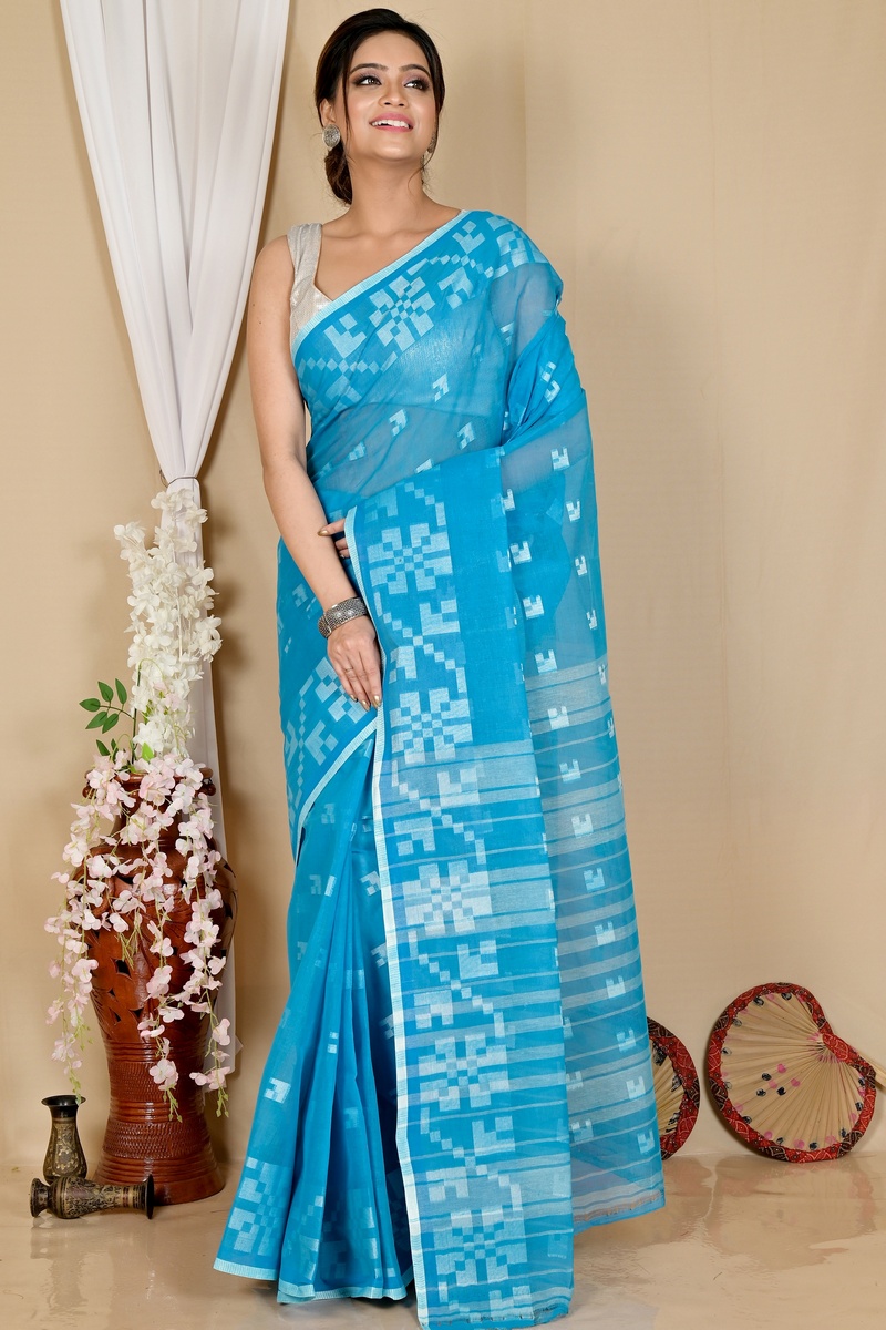 Sky Blue Pure Cotton Aptuk Tant Saree (1644)