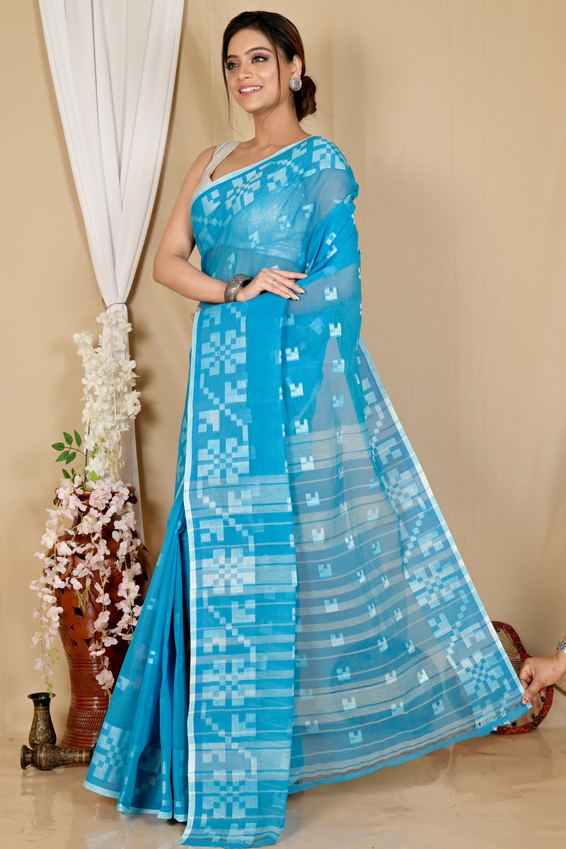 Sky Blue Pure Cotton Aptuk Tant Saree (1644)
