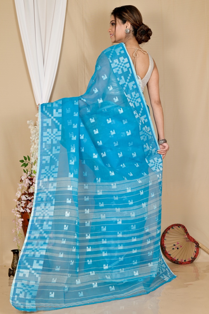 Sky Blue Pure Cotton Aptuk Tant Saree (1644)