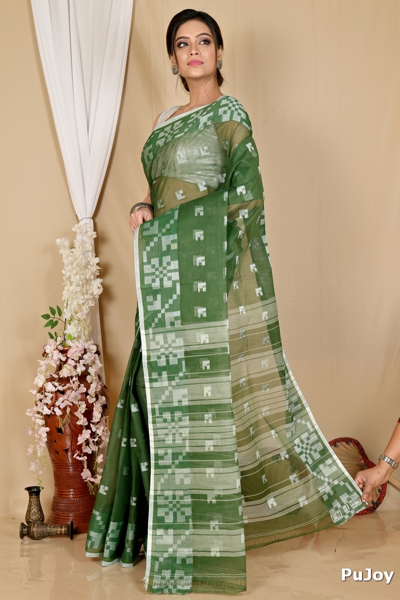 Dark Green Pure Cotton Aptuk Tant Saree (1645)