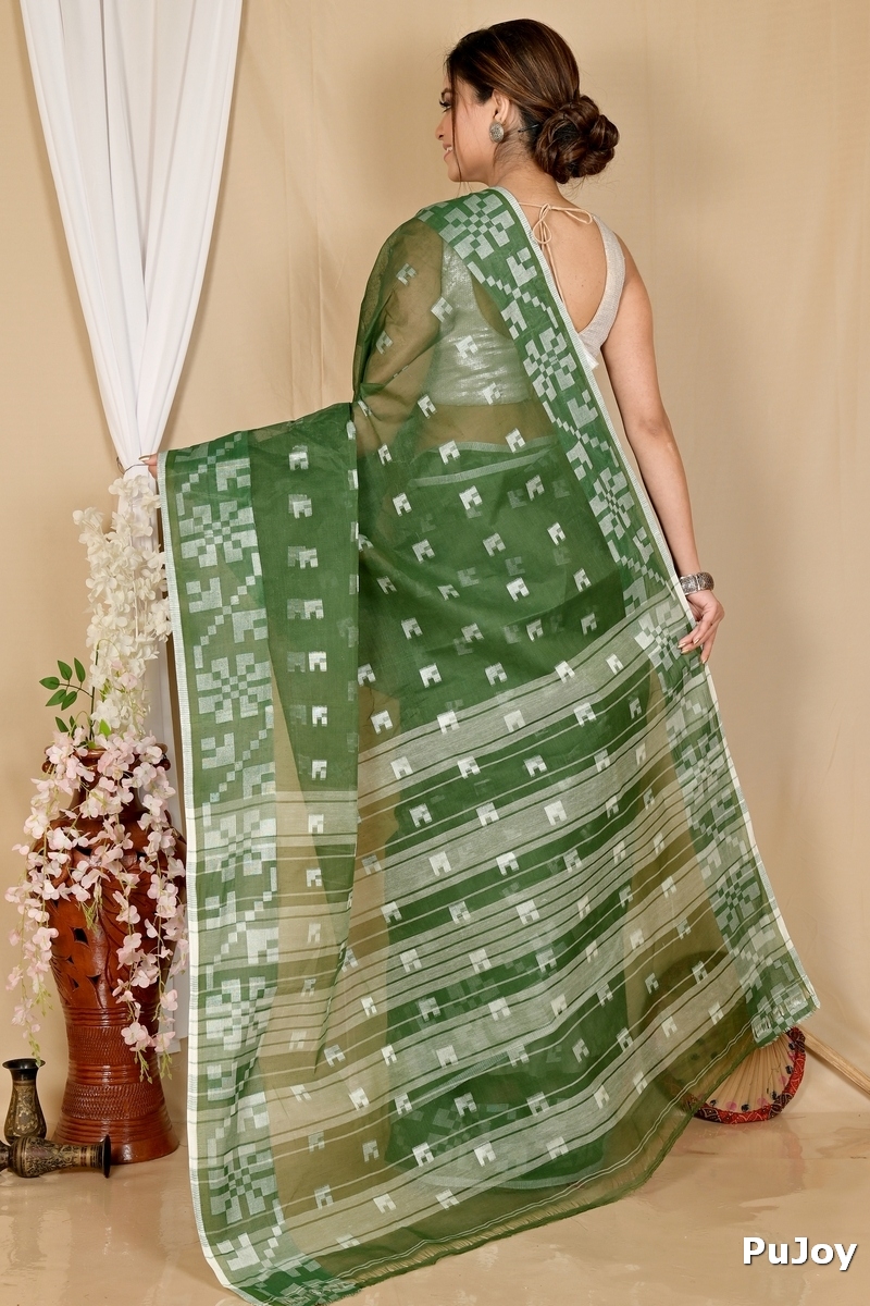 Dark Green Pure Cotton Aptuk Tant Saree (1645)