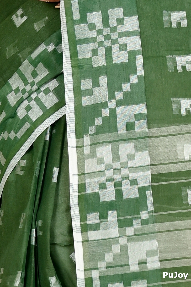 Dark Green Pure Cotton Aptuk Tant Saree (1645)