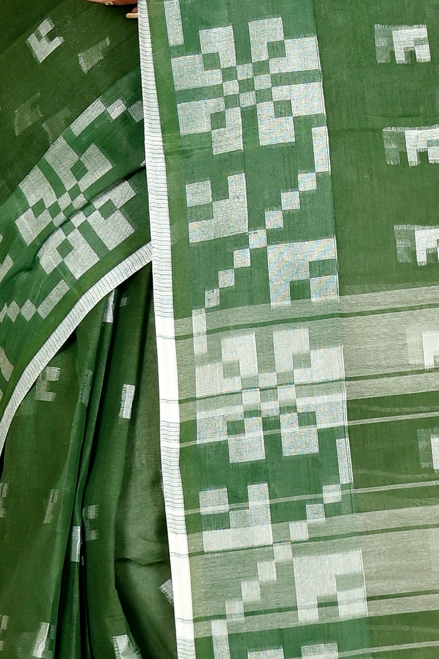 Dark Green Pure Cotton Aptuk Tant Saree (1645)