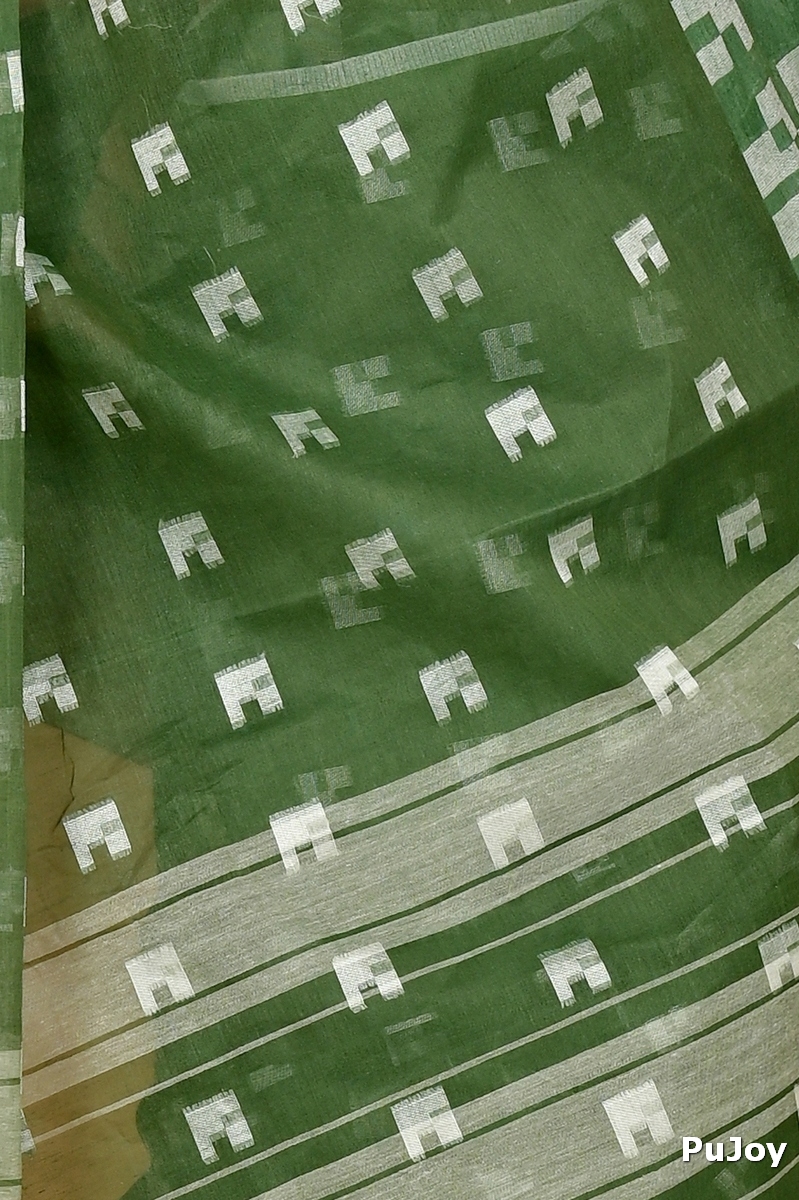 Dark Green Pure Cotton Aptuk Tant Saree (1645)