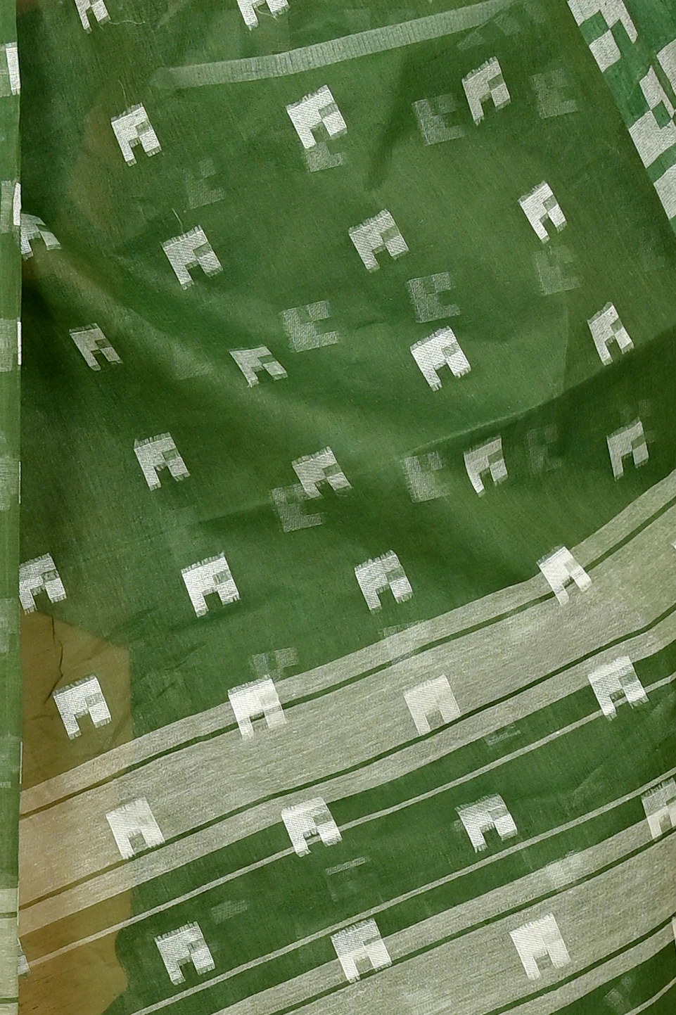 Dark Green Pure Cotton Aptuk Tant Saree (1645)
