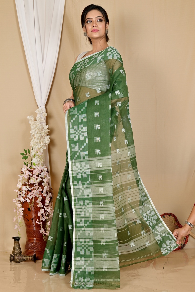 Dark Green Pure Cotton Aptuk Tant Saree (1645)