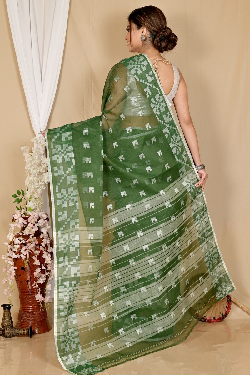 Dark Green Pure Cotton Aptuk Tant Saree (1645)