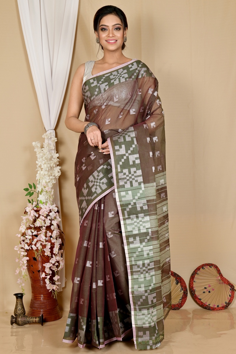 Brown Pure Cotton Aptuk Tant Saree (1646)