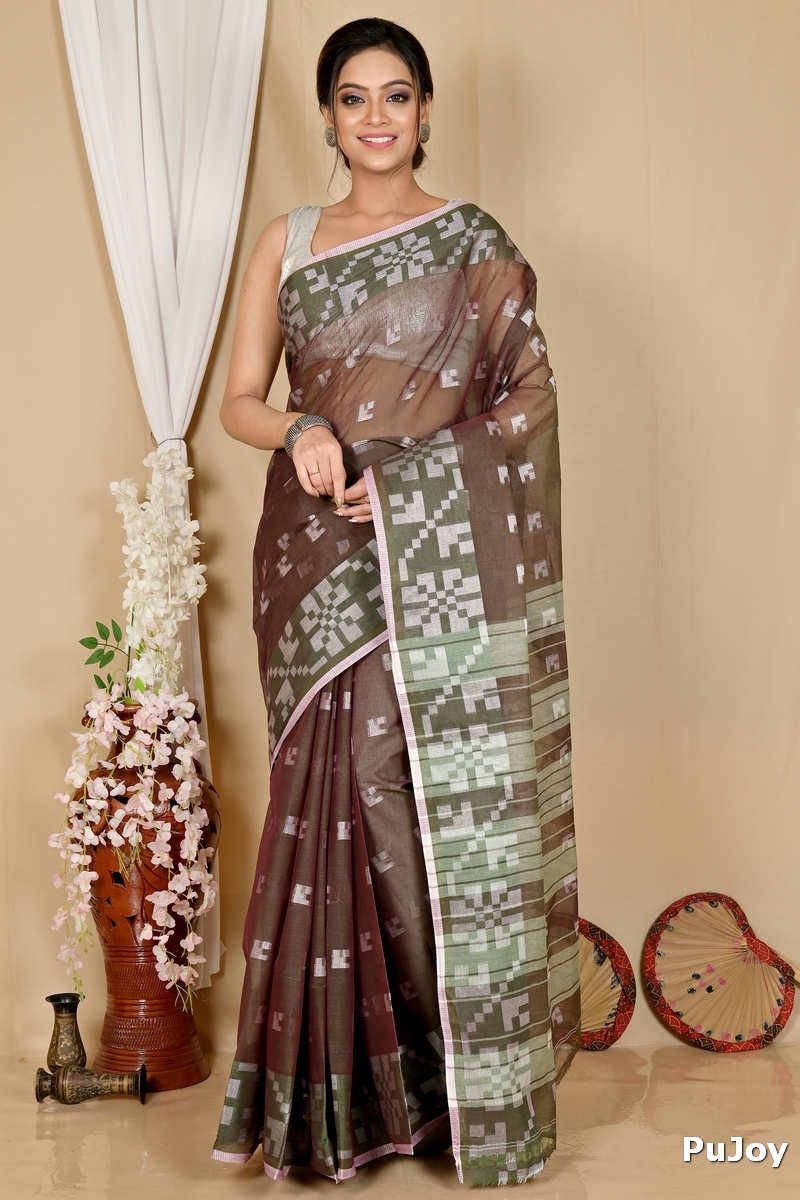 Brown Pure Cotton Aptuk Tant Saree (1646)