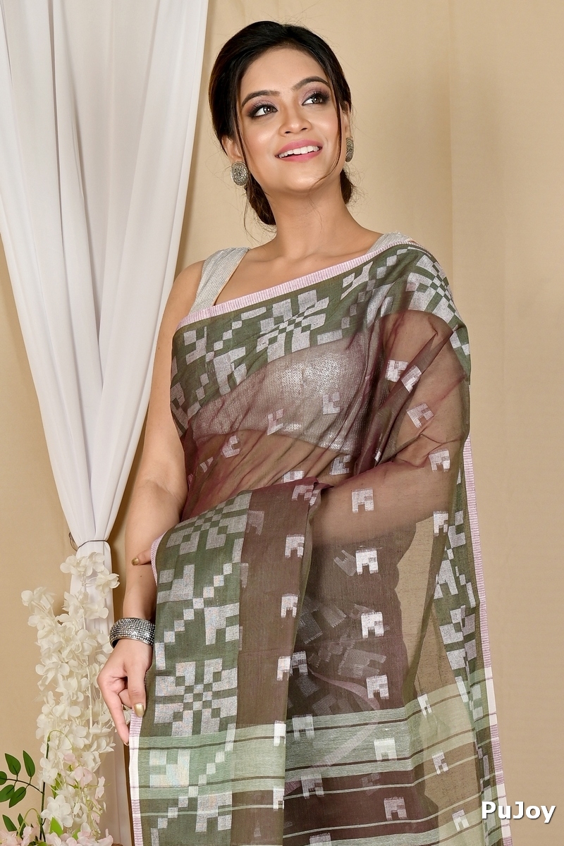 Brown Pure Cotton Aptuk Tant Saree (1646)