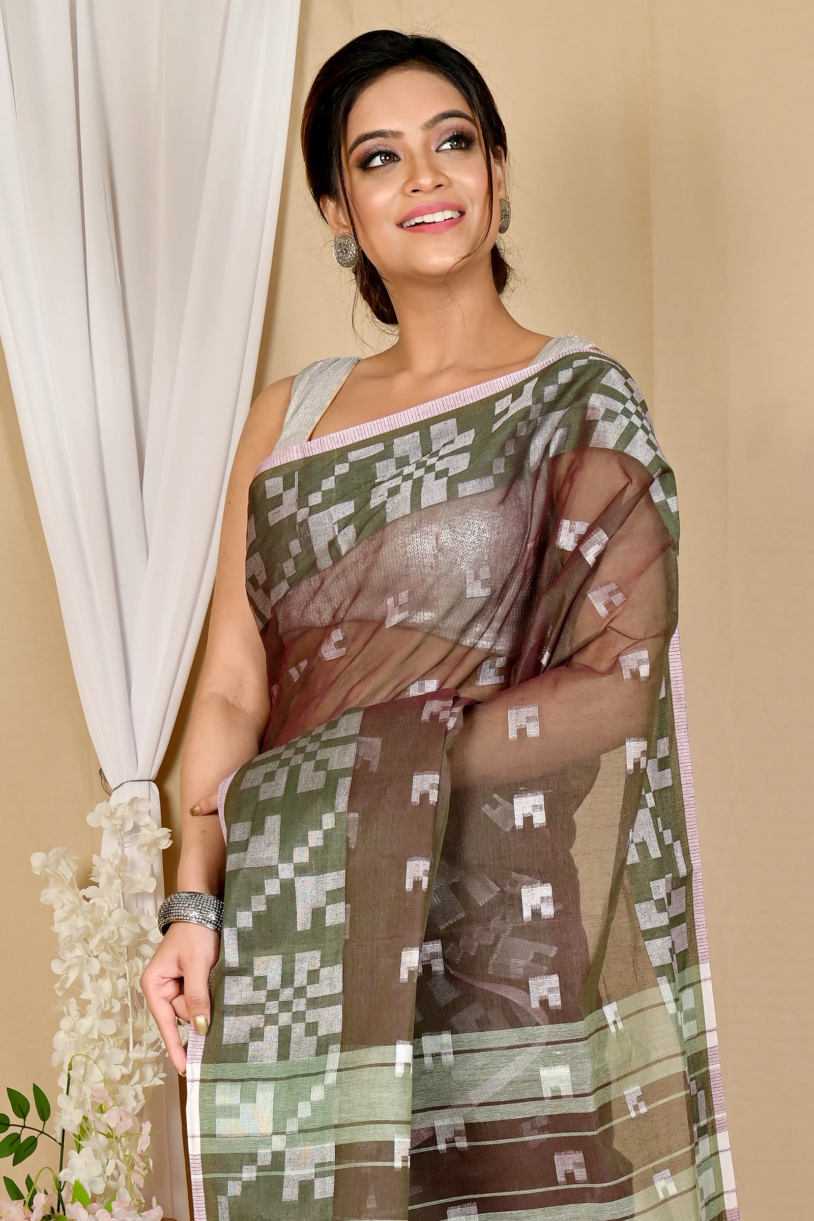 Brown Pure Cotton Aptuk Tant Saree (1646)