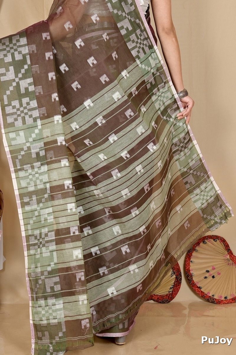 Brown Pure Cotton Aptuk Tant Saree (1646)