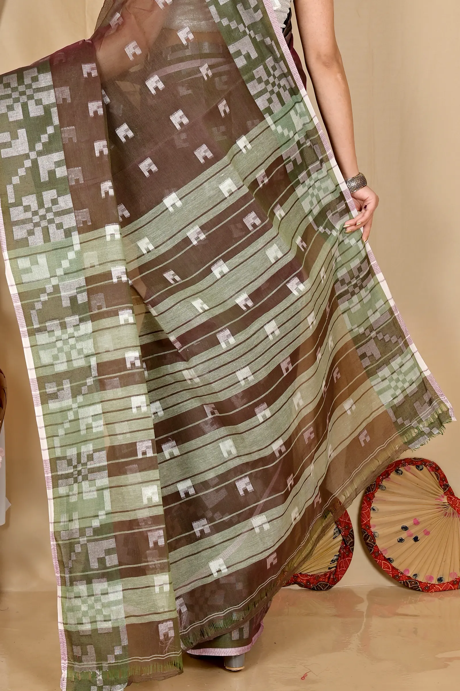 Brown Pure Cotton Aptuk Tant Saree (1646)