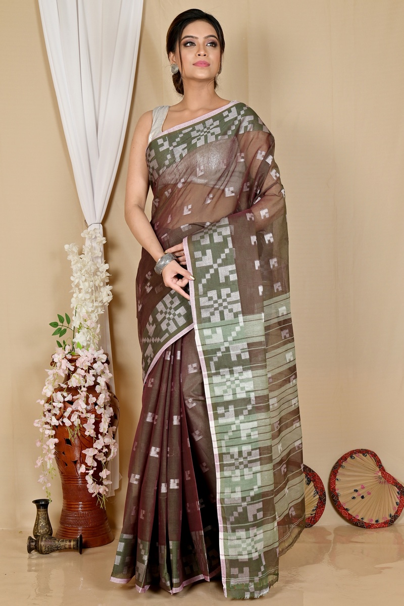 Brown Pure Cotton Aptuk Tant Saree (1646)