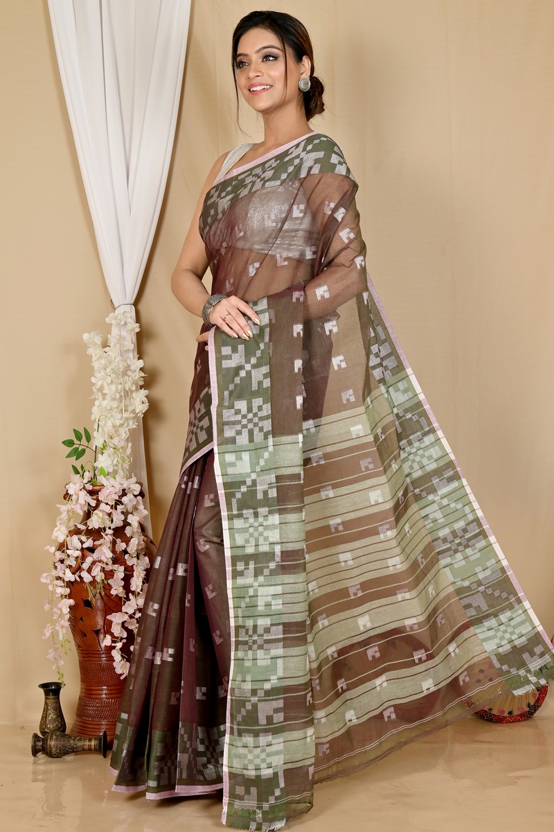 Brown Pure Cotton Aptuk Tant Saree (1646)