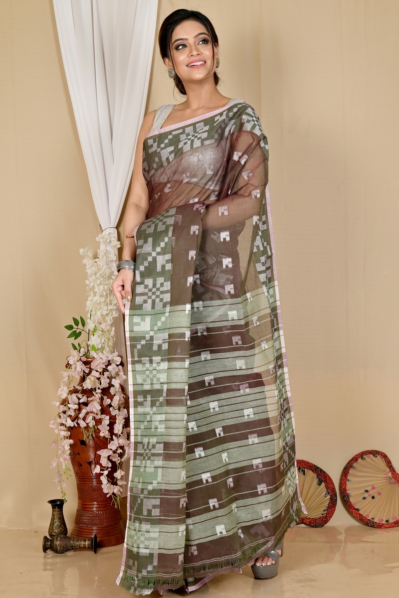 Brown Pure Cotton Aptuk Tant Saree (1646)