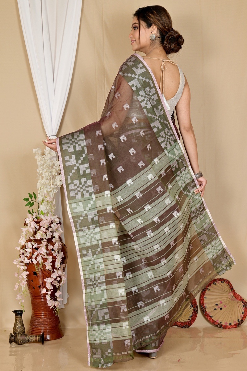 Brown Pure Cotton Aptuk Tant Saree (1646)