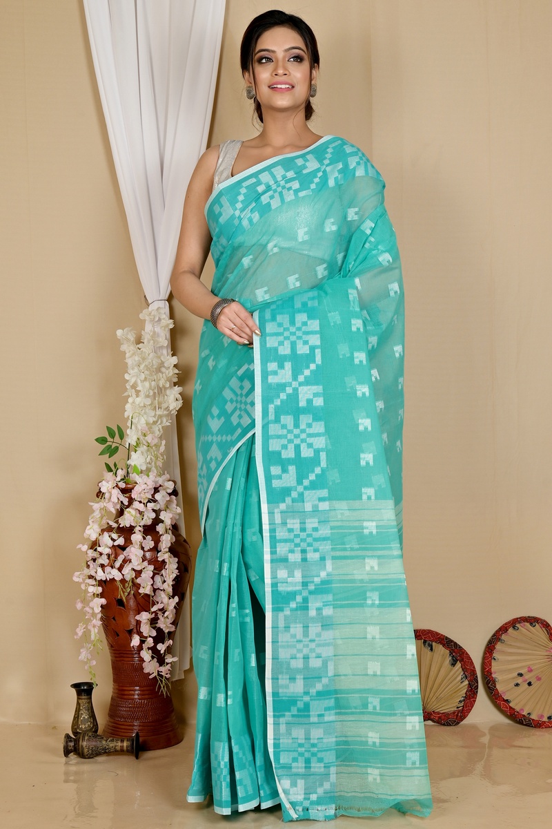 See Blue Pure Cotton Aptuk Tant Saree (1647)