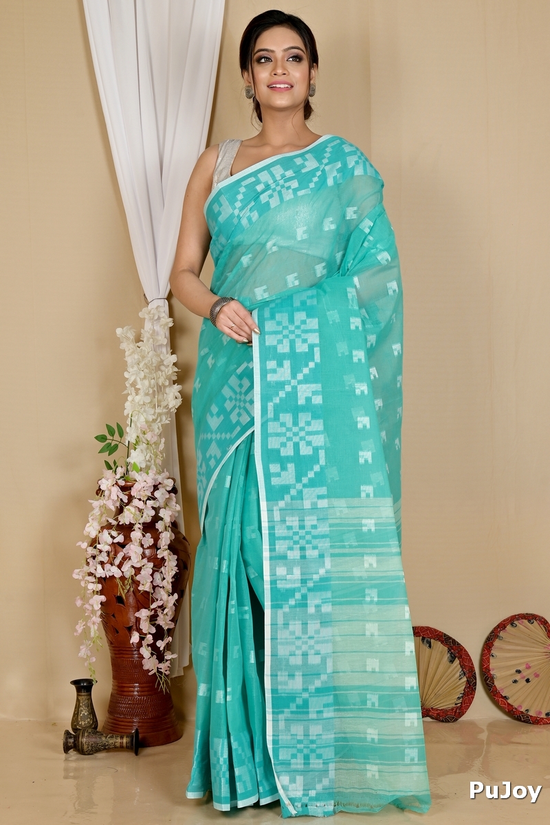 See Blue Pure Cotton Aptuk Tant Saree (1647)