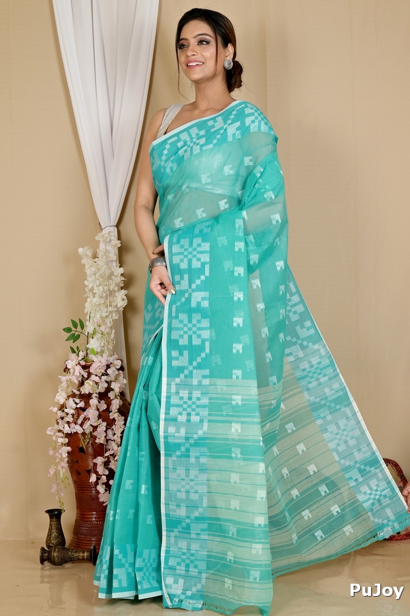 See Blue Pure Cotton Aptuk Tant Saree (1647)