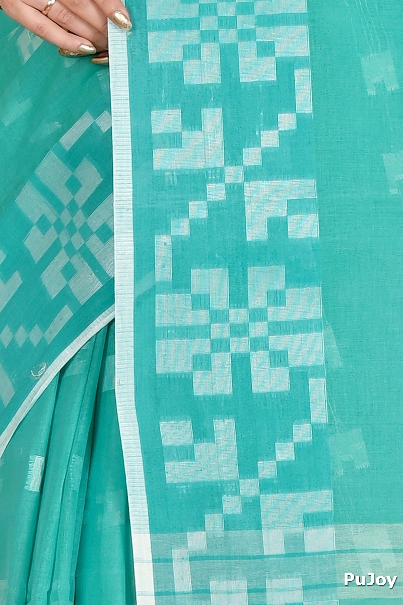 See Blue Pure Cotton Aptuk Tant Saree (1647)