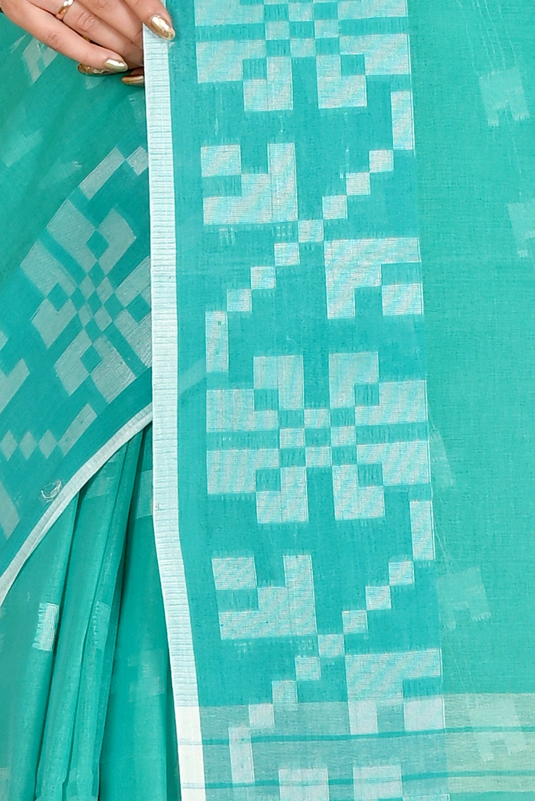 See Blue Pure Cotton Aptuk Tant Saree (1647)