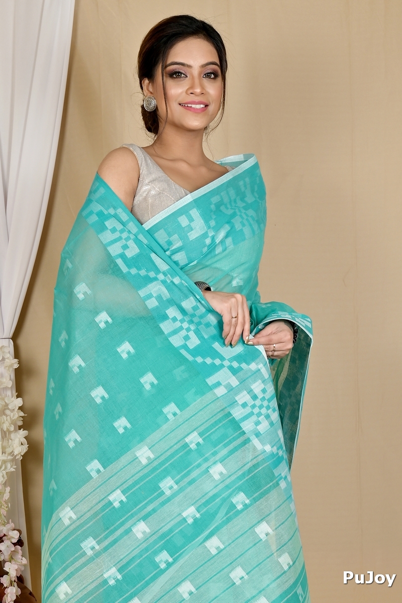See Blue Pure Cotton Aptuk Tant Saree (1647)