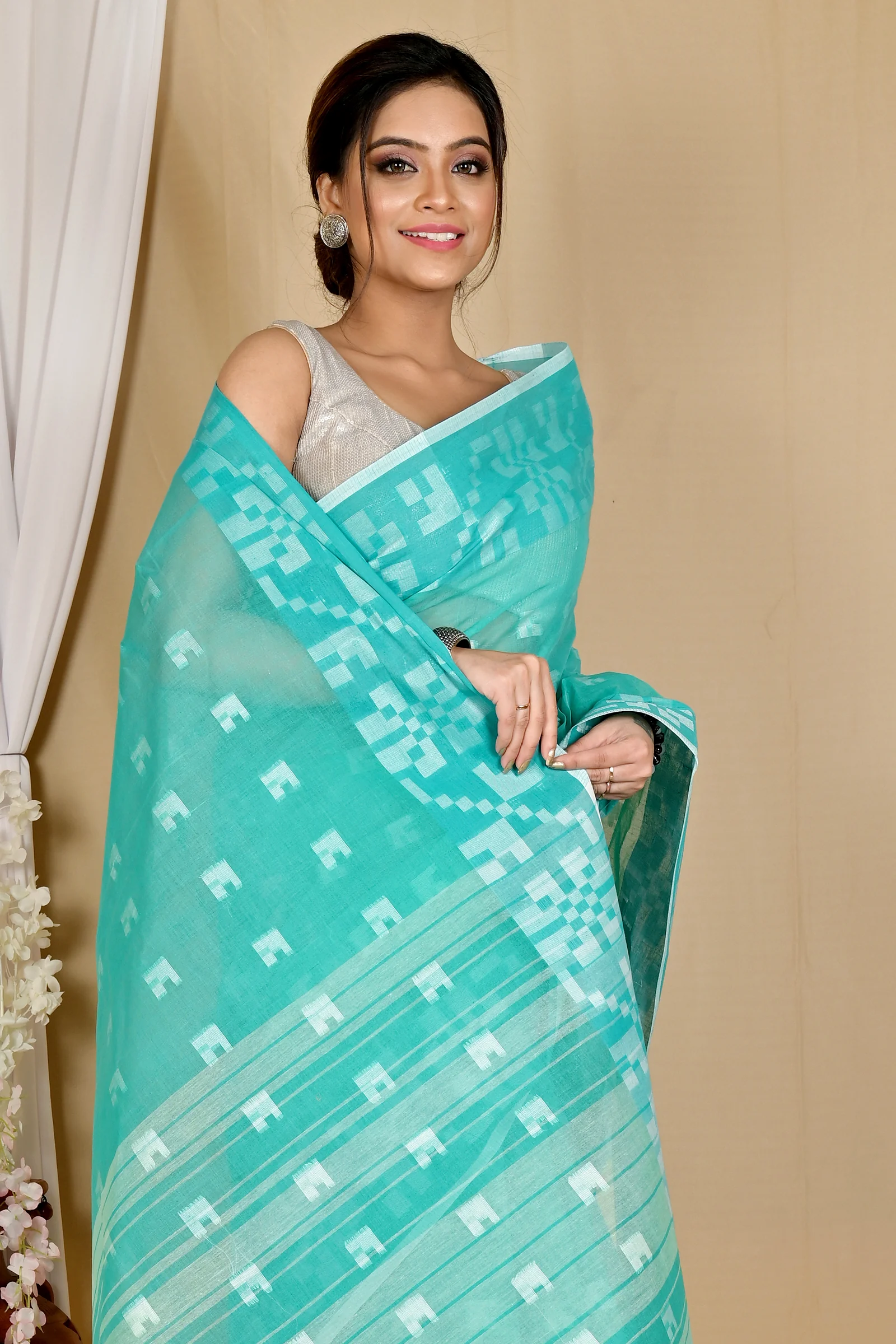 See Blue Pure Cotton Aptuk Tant Saree (1647)