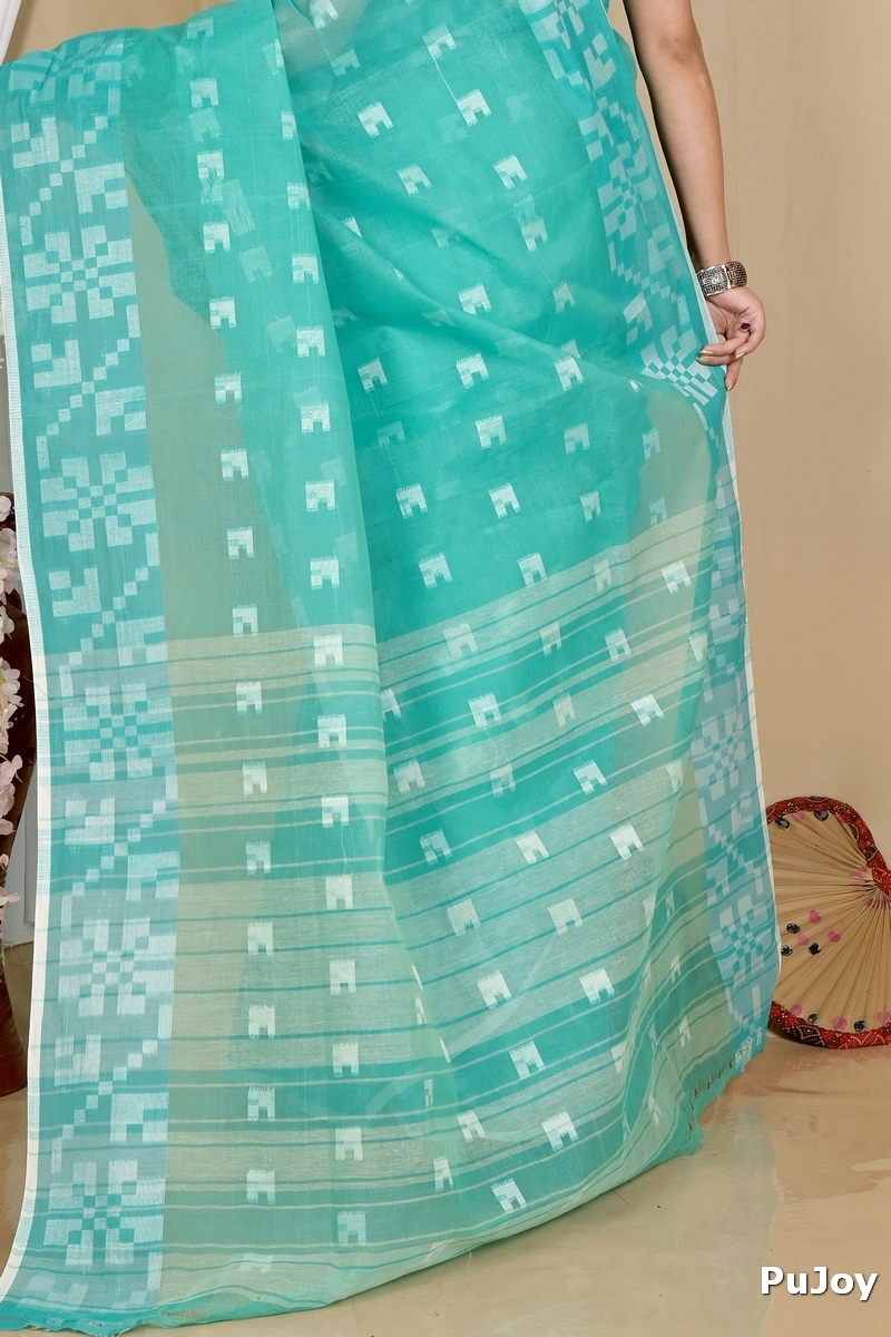 See Blue Pure Cotton Aptuk Tant Saree (1647)