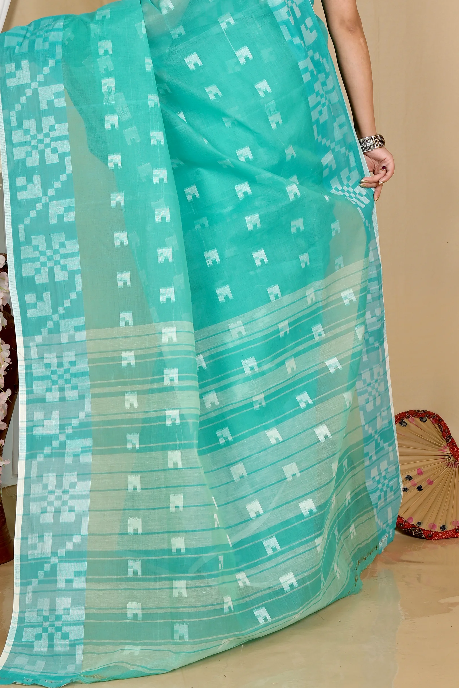 See Blue Pure Cotton Aptuk Tant Saree (1647)